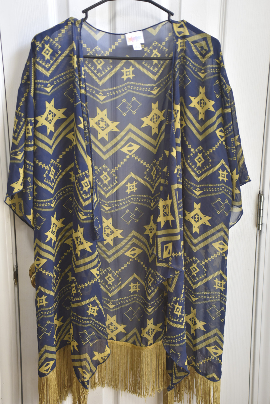 Lularoe Kimono Fringe Cover Up Navy Gold Geometric Size L LSC360